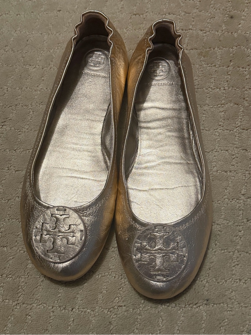 Tory Burch Metallic Rose Gold Leather Minnie Flats